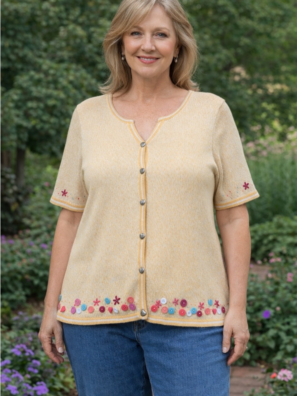 Christopher & Banks Yellow Floral Button Cardigan XL Short Sleeve Embroidered